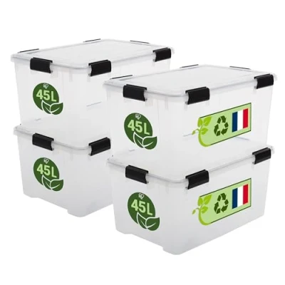 Abbildung von Iris Ohyama Luftdichte Kunststoff Aufbewahrungsboxen mit Deckel, 45L, 4er Set, Transparent, Hermetischer wasserdichter Verschluss, Robuste Schnappverschlüsse, Stapelbar, Staubschutz, BPA frei, WSB 45