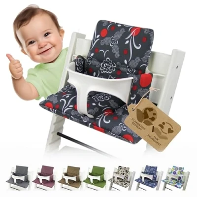 Abbildung von BAMBINIWELT Ersatzbezug Bezug Sitzkissen Kissen Set Sitzverkleinerer kompatibel mit STOKKE Tripp Trapp für Hochstuhl Kinderstuhl DESIGN (grau rot Vögel)
