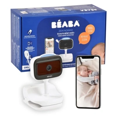 Abbildung von BÉABA, Babyphone Kamera Drahtlos mit Clip, Nomade, Nachtsicht, Mobile App, Farbiges Nachtlicht, Walkie Talkie, Schlaflieder, Thermometer, Luftfeuchtekontrolle, 6h Batterielaufzeit, Zen Nomad Weiß