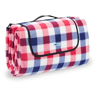 Abbildung von Relaxdays Picknickdecke Fleece, wasserdichte Stranddecke, wärmeisoliert, mit Tragegriff, XXL 200x200cm, rot blau kariert