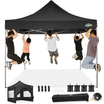 Abbildung von COBIZI pavillon 3x3 wasserdicht stabil Winterfest, faltpavillon Outdoor faltbar partyzelt，pop up klappbar gartenpavillon mit 4 Seitenteilen und Laufradtasche, Schwarz（420D Oxford Plane）