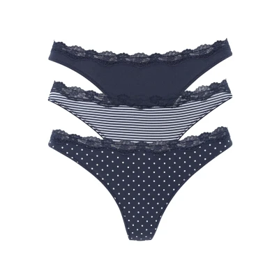 Abbildung von Lascana 3PACK String, Damen, Größe: 44/46, Marine gepunktet/ gestreift /uni