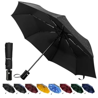Abbildung von TechRise Regenschirm, klassisch, winddicht, automatisch, zusammenklappbar, kompakt, mit einem Knopf, automatisches Öffnen und Schließen schwarz