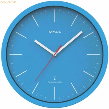 Abbildung von Maul Wanduhr MAULjump Ø 30,5 cm stilvolle Funkuhr mit Mineralglas automatische Zeiteinstellung ideal geeignet im Büro, Homeoffice und am Arbeitsplatz inklusive Batterie Blau