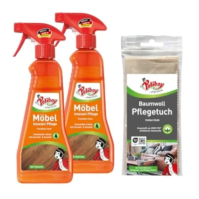 Abbildung von poliboy 2xMöbel Intensiv Pflege 375ml + Baumwoll Pflegetuch Möbelreiniger (Reinigung, und Schutz von Möbeln aus Holz Made in Germany)