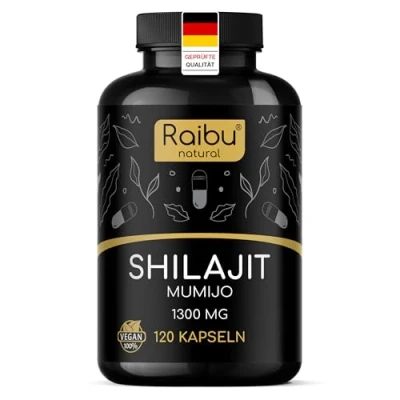 Abbildung von Mumijo Shilajit Original Himalaya, 120 hochdosierte Kapseln, 1300 mg pro Tagesdosis 10:1 Extrakt, 50% Fulvinsäure, 12% Huminsäure Laborgeprüft, Ohne Zusätze, Vegan Raibu