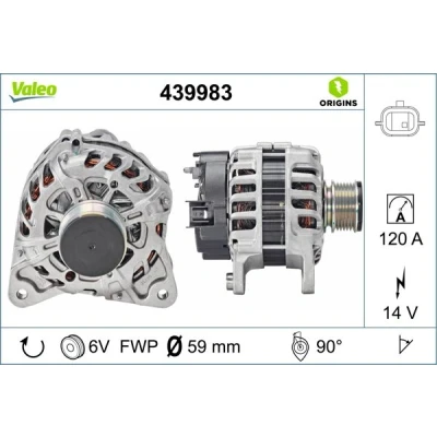 Abbildung von VALEO 439983 Lichtmaschine 14V 120A RENAULT: Kangoo II Express, Megane 3 Schrägheck, GRAND SCENIC 3, DACIA: Sandero I, Duster SUV, Logan I MCV