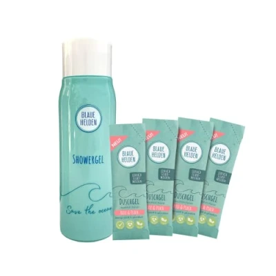 Abbildung von Blaue Helden Duschgel Rose &amp; Peach Starterset + 4x Nachfüll Pulver für 1,2 l Vegan Biologisch abbaubar Ohne Mikroplastik