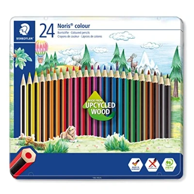 Abbildung von STAEDTLER Buntstifte Noris colour, rutschfeste Soft Oberfläche, hohe Bruchfestigkeit, Made from Upcycled Wood, intensive Farben, Sechskantformat, 24 Farbstifte im Metalletui, 185 M24