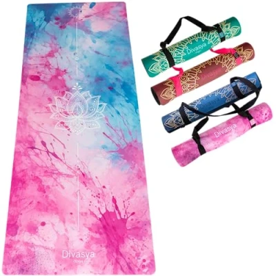 Abbildung von Yogamatte aus recycelter Mikrofaser &amp; Naturkautschuk. in 3 Farben Designs