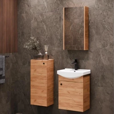 Abbildung von Planetmöbel Badset komplett aus Unterschrank 45cm mit Waschbecken, Spiegelschrank und 1x Midischrank in Gold Eiche, Komplettset für Badezimmer 4 teilig
