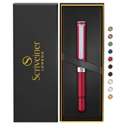 Abbildung von Scriveiner Rot Kugelschreiber EDC Luxus Stift, Taschenkugelschreiber mit Chrom, Cooler Schreibstift für Männer &amp; Frauen, Deutsche Schmidt Mine, Ausgefallenes Büro Designer Schreibset