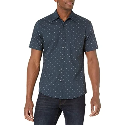 Abbildung von Amazon Essentials Herren Kurzärmeliges Druckhemd, Schmale Passform, Marineblau Weiß Ankermuster, XL