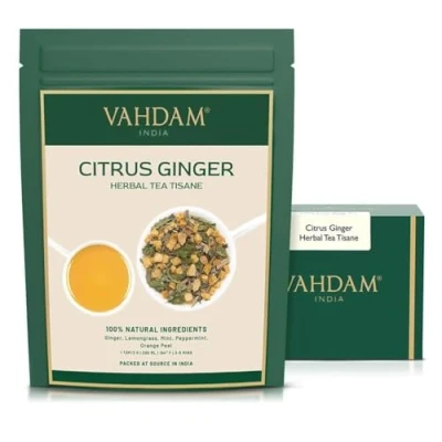 Abbildung von VAHDAM, Citrus Ginger Herbal Tea Tisane (100g) Kräuter Tee Loses Blatt Ingwer, Zitronengras, Orangenschalen, Minze Direkt Von Der Quelle In Indien Aufbrühen Heißen/Eistee