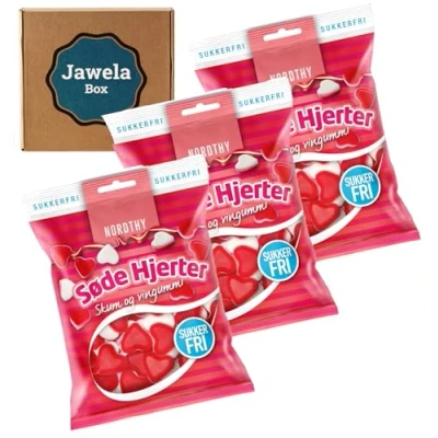 Abbildung von Zuckerfrei Nordthy Süße Herzen Søde Hjerter sukkerfri 3er Pack 3 x 65g sugarfree Weingummi Fruchtgummi Jawela Box ohne Zucker, kalorienreduziert Muttertag, Valentinstag, Hochzeit