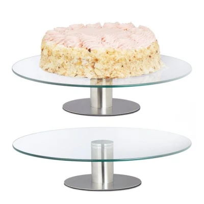 Abbildung von Relaxdays Tortenplatte mit Fuß, 2er Set, drehbar, ∅ 30 cm, zum Servieren, runde Kuchenplatte Glas, transparent/Silber