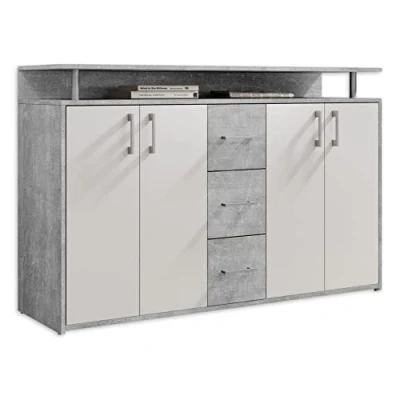 Abbildung von DRIFT Sideboard mit Ablage in Beton Optik, Weiß Moderne Kommode Schubladen und viel Stauraum für Ihren Wohnbereich 139 x 90 34 cm (B/H/T)