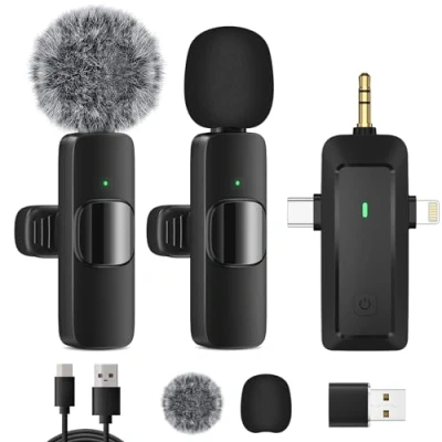 Abbildung von HMKCH Kabelloses Lavalier Mikrofon für iPhone/Android Telefon/Kamera/Computer/Laptop, Professionelles Dual Ansteckmikrofon mit USB C/3,5 mm/USB Stecker Videoaufzeichnung, Vlog, YouTube, TikTok