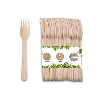 Abbildung von GREENBOX 100 Einweggabeln Holz I Einmalbesteck Partybesteck Holzbesteck Besteck Einweggeschirr biologisch abbaubar, kompostierbar Holzgabeln stabiles Einwegbesteck Gabeln 16,5 cm