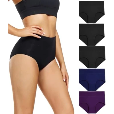 Abbildung von wirarpa Damen Unterhosen Baumwolle Unterwäsche Hohe Taille Slips Hoher Taillenslip für Frauen 5er Pack 3Schwarz, 1Blau, 1Lila Größe XS