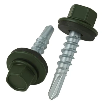 Abbildung von 4.8 mm x 25 Dachschrauben, Sechskantkopf Selbstbohrend Mehrfarbig (RAL 6020 Chromoxidgrün) Schrauben mit versiegelter EPDM Unterlegscheibe, rostfreie, Verzinkte, Gehärtete (50 Stück)