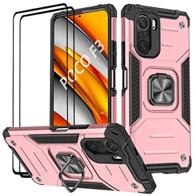 Abbildung von KANSi Hülle kompatibel für Xiaomi Poco F3 ｜ Mi 11i, Schutzfolie [2 Stück] Silikon TPU Hart PC Handy Hüllen 360 Grad Drehbar Ringhalter Bumper Stoßdämpfung Schutzhülle Rosé Gold