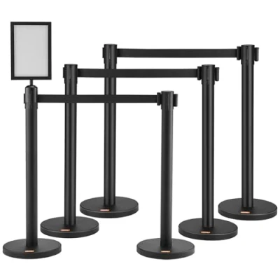 Abbildung von VEVOR Personenleitsystem Absperrband Absperrständer 6 teilig, 2 m x 48 mm Schwarzer Einziehbarer Gürtel, Absperrpfosten mit Schildern für Flughäfen, Messen, Wettkampforte usw.