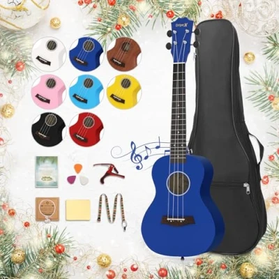 Abbildung von Dripex 23 Zoll Konzert Ukulele, Erwachsene Kinder Ukulele Set Vintage Kleine Gitarre Kit für Anfänger mit Tasche Tuner Gurt Bedienungsanleitung Saite (Dunkelblau)