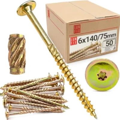 Abbildung von Tellerkopfschrauben 6x140 mm 50 Stück TX30 Tellerkopf/Fräsrippen Gelb Verzinkt Torx Schrauben Holzschrauben Flachkopfschrauben Holz Konstruktionsschrauben