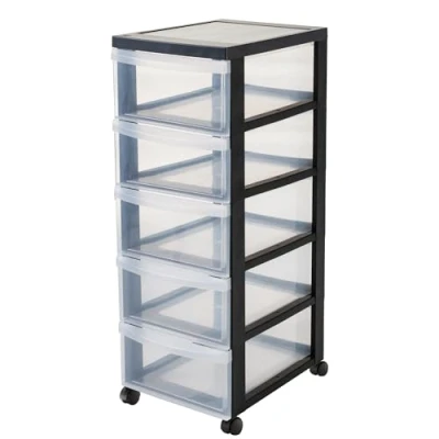 Abbildung von Iris Ohyama Kunststoff Schubladenbox mit Rollen, 5 tiefen Schubladen, Schwarz, Griffe zum Ziehen, Für Schlafzimmer, Bad, Schule &amp; Büro, BPA frei, Schubladenschrank, Rollcontainer, A4 Drawer, DC 005