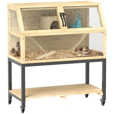 Abbildung von PawHut Kleintierkäfig Zwerghamsterkäfig aus Holz, 87 x 43 101 cm Nagerkäfig, mit Ablagefläche, Wasserflasche, Hütte, Wippen, Rädern, Rampen