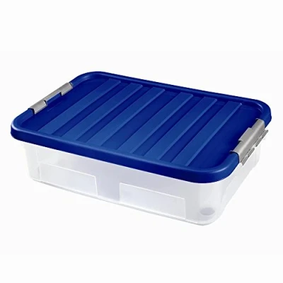 Abbildung von HEIDRUN Clipbox Unterbett Rollenbox mit 4 Rollen 30 Liter, 60x40x18cm transparenter oder blauer Deckel (Farbwahl zufällig)