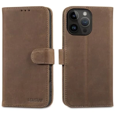 Abbildung von LENSUN Echtleder Hülle für iPhone 16 Pro Max, Handyhülle [Echtes Leder][Standfunktion][Kartenfach] Handytasche Lederhülle Max 5G Vintage Dunkelbraun