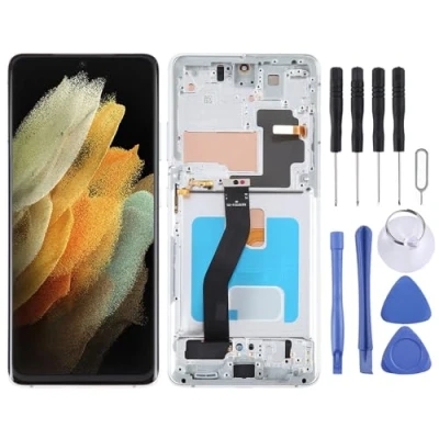 Abbildung von Wigento Für Samsung Galaxy S21 Ultra 5G Display Full OLED LCD mit Rahmen Einheit Touch Ersatzteil Reparatur Silber