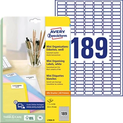 Abbildung von AVERY Zweckform L7658 25 mini Organisationsetiketten (4.750 Aufkleber, 25,4x10mm auf A4, selbstklebende Vielzweck Etiketten, bedruckbar, Klebeetiketten zum Organisieren/Kennzeichnen) Blatt, weiß