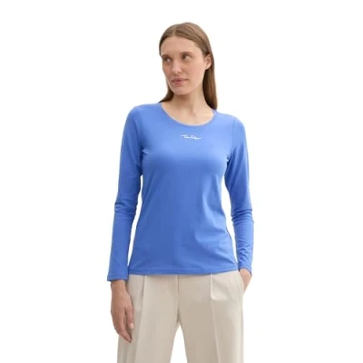 Abbildung von TOM TAILOR Damen 1044393 Basic Longsleeve mit Logo Print, 10619 Preppy Jean Blue, XXS