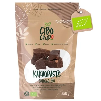 Abbildung von Kakaomasse Bio Roh 250g. Criollo Kakao zur Herstellung von Rohkakaomasse 100% Natürlich und Rein. Kakaopaste Peru. Enthält Antioxidantien Mineralien für Süßigkeiten Kekse Kuchen.