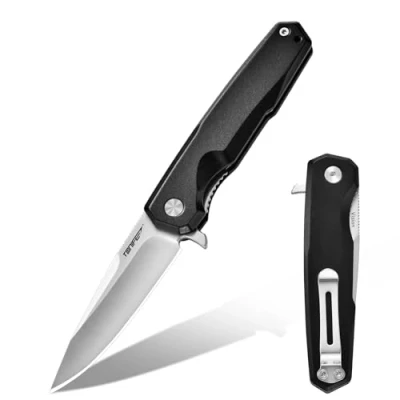 Abbildung von TONIFE Vision Klappmesser Outdoor Messer mit 8Cr14MoV Klinge und Aluminium Griff Survival Taschenclip Bushcraft (Schwarz Satin)