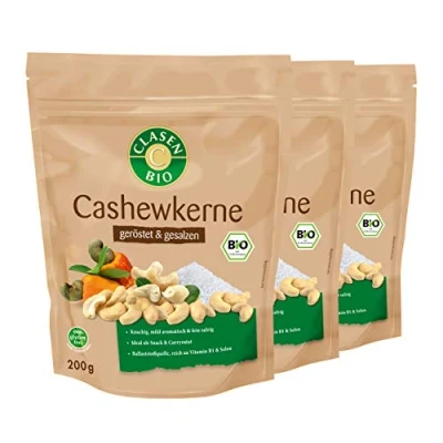 Abbildung von 3x CLASEN BIO Cashewkerne geröstet und gesalzen, vegan glutenfrei 200g