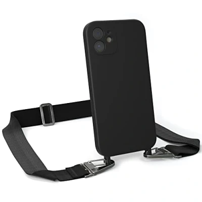 Abbildung von EAZY CASE Handykette Silikon mit Karabiner kompatibel iPhone 12 Handyhülle breitem Umhängeband, Handykordel Silikon, Hülle Band, Kette für Smartphone, Schwarz Clips Silber