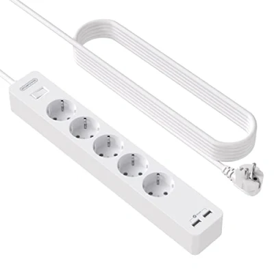 Abbildung von 5 Fach Steckdosenleiste 3m mit USB, NTONPOWER Mehrfachsteckdose Überspannschutz Wandmontage Verwenden Sie Kleber, Langes Verlängerungskabel Kindersicherung, weiß, MEHRWEG