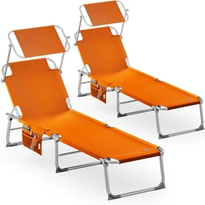 Abbildung von Casaria® 2er Set Sonnenliege Klappbar Wetterfest Gartenliege Mit Dach Seitentasche Tragegriff bis 150kg 190cm Aluminium 2 Personen Liegestuhl Orange