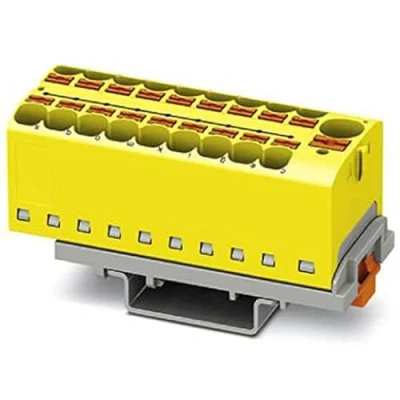 Abbildung von PHOENIX CONTACT PTFIX 10/18X4 NS35 YE Verteilerblock, Anzahl der Anschlüsse 19, Querschnitt 0,5 mm² 10 mm², AWG 20 6, Breite 28,6 mm, Gelb, 8 Stück