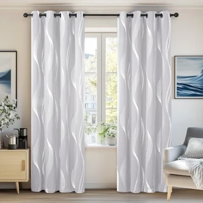 Abbildung von Deconovo Gardinen mit Ösen, Fenstervorhang Muster, Verdunkelungsvorhang für Wohnzimmer, 214x132 cm(HöhexBreite), Silber Grau, 2er Set