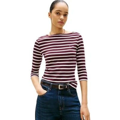 Abbildung von Tommy Hilfiger Damen Langarmshirt New Cody Slim U Boot Ausschnitt, Mehrfarbig (Deep Burgundy/Ecru STP), XXS