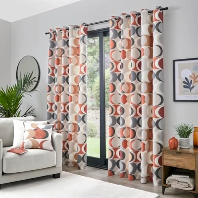 Abbildung von Fusion Spice Orange Retro Vector Circle Vorhänge B66 x L72 (168 183cm) 2 Paneele 100% Baumwolle Geometrische Ösenvorhänge in Terrakotta Halbmond &amp; für