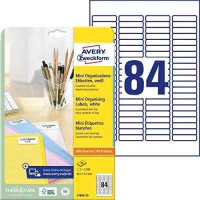 Abbildung von AVERY Zweckform L7656 25 mini Organisationsetiketten (2.100 Aufkleber, 46x11,1mm auf A4, selbstklebende Vielzweck Etiketten, bedruckbar, Klebeetiketten zum Organisieren/Kennzeichnen) Blatt, weiß