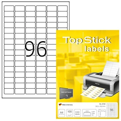 Abbildung von TopStick 8728 Universal Etiketten, 100 Blatt, 30,5 x 16,9 mm, 96 pro A4 Bogen, 9600 Stück, selbstklebend, bedruckbar, matt, blanko Papier Klebeetiketten Aufkleber, weiß
