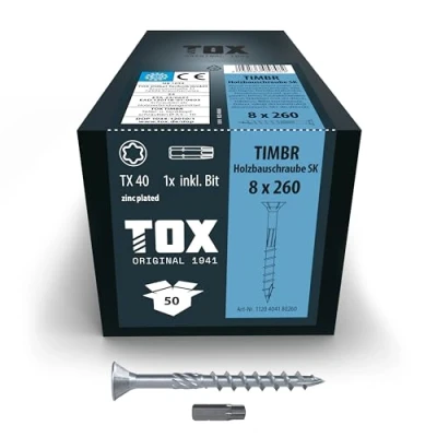 Abbildung von TOX Holzbauschrauben TIMBR SK 8,0 x 260 mm, blau verzinkt mit Senkkopf, TX40, Schrauben für leichtes Eindrehen und bündige Montagen im Holzbau, 50 Stück Karton, inkl. 1x Bit, 1120404180260