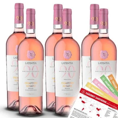 Abbildung von Latentia 90 Primitivo Rosato Puglia IGP, halbtrocken, sortenreines Weinpaket + VINOX Winecards (6x0,75l)